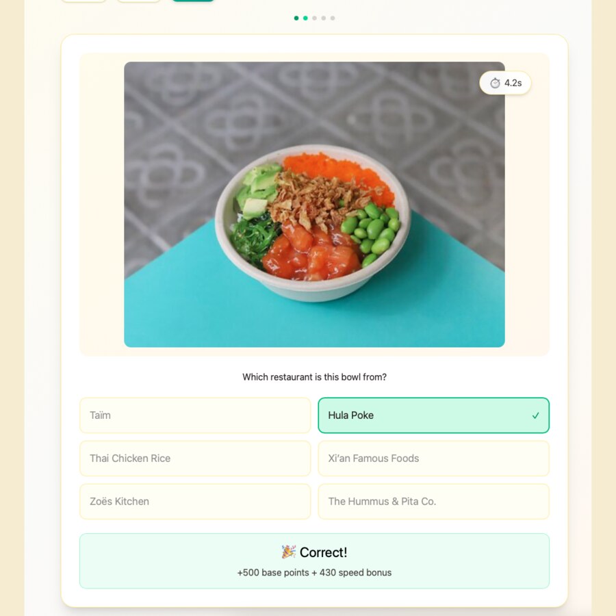 BowlHunter quiz screen showing a bowl and multiple-choice restaurant options