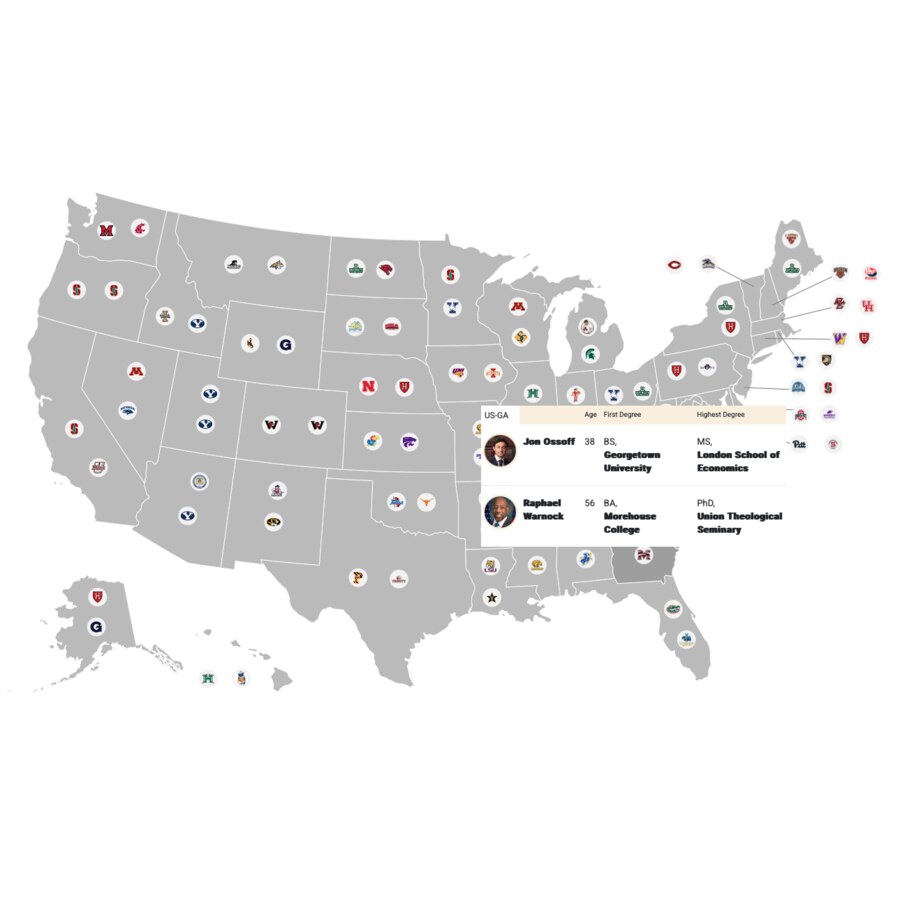 Interactive map of the 119th US Senate, colleges each senator attended